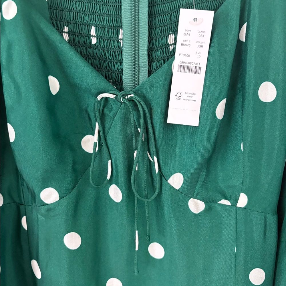 J Crew NEW Green White Polka Dot Sweetheart Long Sleeve Midi Dress Size 12 - Picture 13 of 13